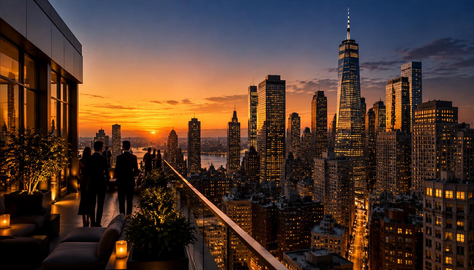 Uptown city skyline at dusk with rooftop terrace — the spirit of UptownX